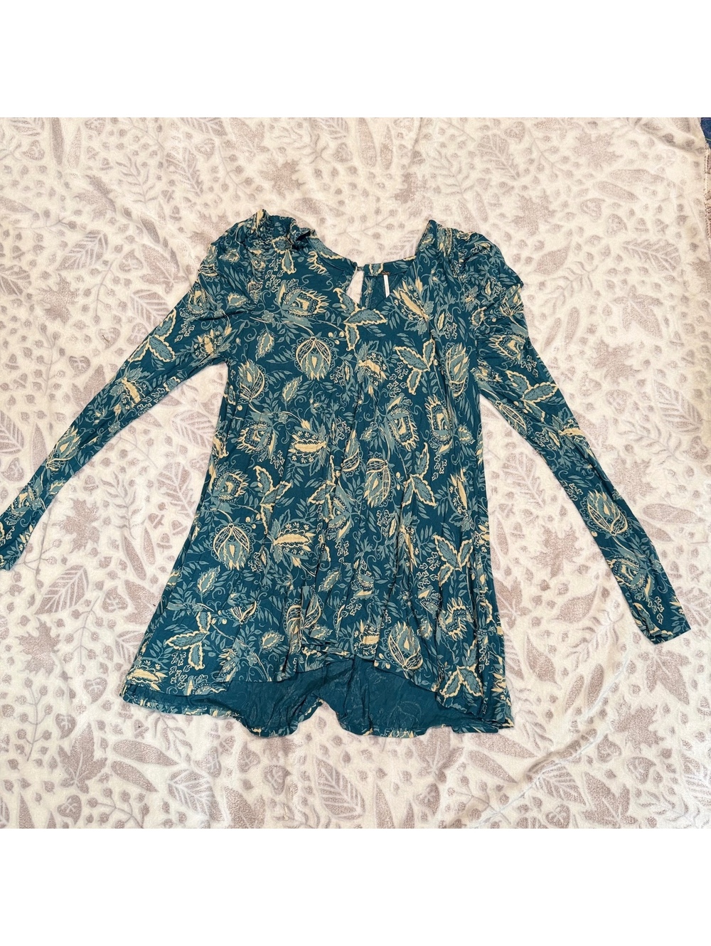 Free People Blue Paisley Long Sleeve Swing Mini Dress Boho‎ Women's Large